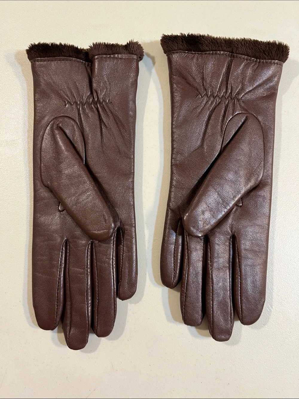 Charter Club Chocolate Brown Leather Gloves with Fur Cuff